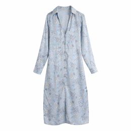 Spring Za Floral Print Woman Long Shirt Dress Fashion Knot Sleeve Elegant es For Women Chic Vintage 210531