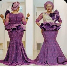 Purple Lace Mermaid Evening Dresses With Three Quarter Sleeves Tiered Peplum Aso Ebi Prom Dress Plus Size African robe de soirée