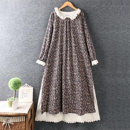 Spring Autumn Women Dress Japan Style Literary Embroidery Turndown Collar Cotton Linen Print Loose Long Casual Dresses
