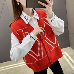 Korean version of the spring and autumn V-neck diamond color matching jacquard vest knitted cardigan women sweater 210427