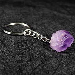 Natural Stone key rings Keychains Silver Colour Healing Amethyst Crystal Car Decor Keyholder for Women Men