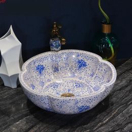 Blue And White Porcelain China vessel sink Handmade Ceramic wash basin Lavobo Round Countertop bathroom ceramic sinkgood qty