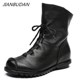 JIANBUDAN/ Genuine Leather Plush women's short Boots Retro Casual Autumn Winter Women's Waterproof leather warm Snow boots 211105