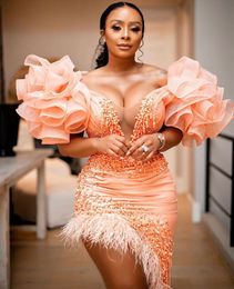 short prom dresses feathers Australia - 2021 Plus Size Arabic Aso Ebi Luxurious Stylish Sexy Prom Dresses Beaded Pearls Feather Evening Formal Party Second Reception Gowns Dress ZJ204