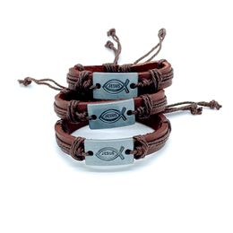 Fashion Brown Leather Rope Braided Handmade Jesus Charm Bracelets Jewerly Punk Bangle For Women Men Unisex