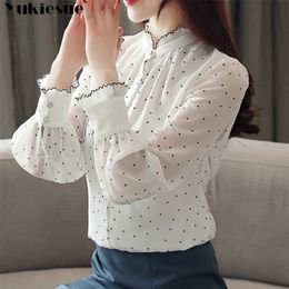 Fashion women chiffon blouse spring Long sleeve Puff blouse ruffles Chiffon lady shirt Dot pattern Lady blouse Plus size 210323