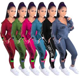 Lucky Label Two Piece Set Women Fall Clothes Sweatsuit Top Jacket Sport Pants Fitness Outfit Matching Wholesale Dropshpping 210930