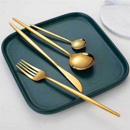 4pcs Gold Dinnerware Set Stainless Steel Black Knife Fork Spoon Teaspoon Cutlery Kitchen Silverware 211112