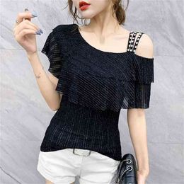 Summer European Clothes T-shirt Sexy Shiny Skew Collar Rivet Women Tops Ropa Mujer Fashion Short Sleeve Stretchy Tees New T06218 210324