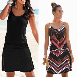 Lugentolo Women's Dress Summer Loose Printed Wavy Pattern Beach New Style Casual Sleeveless Sexy Female Short Dress X0629