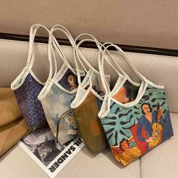 Shopping Bags Fashion Oil Painting Pattern Canvas Shoulder Reusable Spring Summer and Autumn Trend Models Casual Portabl 220303
