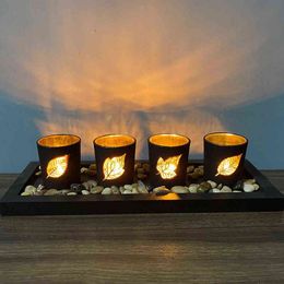 Candle Holders Set, Includes Ornamental Stones Black Wood Tray and 4 Glass Cups, Decorative Holiday Gift for your Loved One