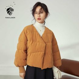 FANSILANEN V neck thermal short white down jacket Women oversize puffer winter coat Female orange thick light quilted 210607