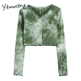 Yitimuceng Vintage T Shirts For Woman Tie Dye Slim Tees Straight Long Sleeve V-Neck Tops Spring Summer Fashion Tshirts 210601