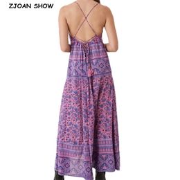 Bohemian V neck Floral print Backless BOHO Dress Summer Holiday Woman Cross Spaghetti Strap Dresses Beach Sling Vestidos 210429