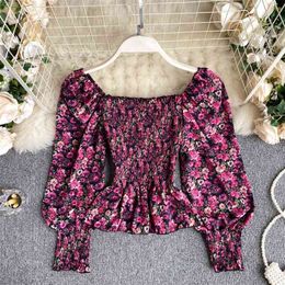 Women's Autumn Retro Blouse Square Collar Elastic Slim Short Puff Sleeve Top New Holiday Style Floral Shirts Female Blusa PL519 210323