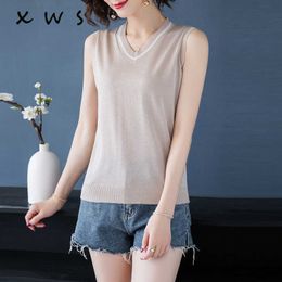 Shiny Lurex Casual Fashion Women summer Sweaters V-neck Sleeveless Solid Color Vests Sweaters Loose pullover Tops 210604