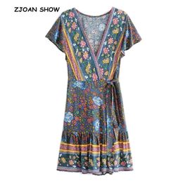 Women Bohemian Cross V neck Floral Print Wrap Dress blue Lacing up Waist Split Slim Fit Short Dresses Femme Vestidos 210429