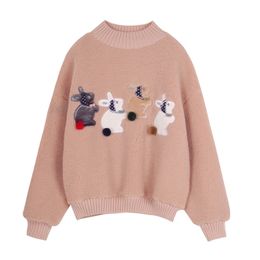 Women Sweater Knitted Pink Faux Lamb Wool Pullovers Casual Winter Crew Neck Rabbit Hair Ball M0060 210514