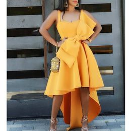 Women's Irregular Yellow Occassion Dresses Flare Pleated Party with Bow tie Celebrate Ladies Dated Night Dinner Event Dresses 210325