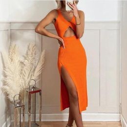 Casual Dresses Stylish Chic Front Hollow Out Orange Midi Dress Women 2021 Fashion Sexy Thin V-Neck Side Split Strap Female Elegant