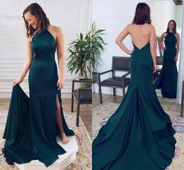 Dark Green Mermaid Prom Dresses Sleeveless Halter Side Slit Sweep Train Neck Sexy Formal Ocn Wear Evening Party Gown Custom Made Plus Size Vestidos 403