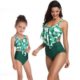 High Waist Bikini Swimsuit Mom and Daughter Swimwear Women Children Baby Kids Beach Matching Family Bathing Suits 210712