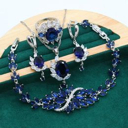 Earrings & Necklace Classic Silver Color Jewelry Set For Women Royal Blue Zircon Bracelet Pendant Bride Ring Free Gift Box