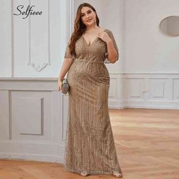 Elegant Women Dress Plus Size Sequined Ruffles Sleeve Deep V-Neck Tulle Ladies Sparkle Mermaid Maxi Dress For Party Robe Femme 210325