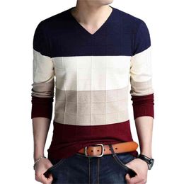 TFETTERS Brand-sweater Autumn Men's Long Sleeve T-shirt V-neck Slim Sweaters Knitted Striped Bottom Shirt Large Size M-4XL 210918