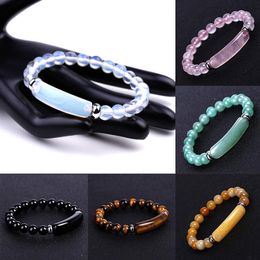 8MM Healing Stone Strand Bracelet Natural Gemstone Stretch Beads Bar Rectangle Chakra Crystal Energy Charm Bracelets Handmade Jewellery for Women