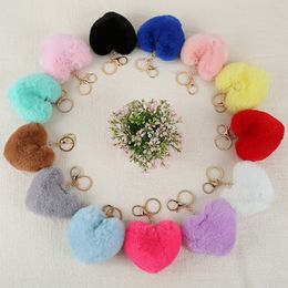 Heart Ball Pom Pom Keychain Fluffy Faux Rabbit Fur Pompom Key Chains Women Bag pendant Jewellery Key Chain