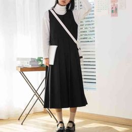 Vintage Black Sleeveless Vest Pleated Dresses Women Spring Sweet Preppy Style Dress Loose Office Lady Silm Vestidos 210525
