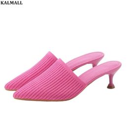 Feminine High Heel Mules Knitted Slippers Kitten Loafers Slip On Half Shoes Casual Sandals Summer Women