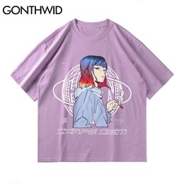 Tshirts Harajuku Anime Cartoon Girl Print Short Sleeve Streetwear Tees Shirts Hip Hop Casual Cotton T-Shirts Mens Tops 210602