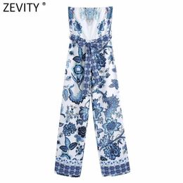 Zevity Women Vintage Totem Floral Print Strapless Wide Leg Jumpsuits Chic Female Sexy Backless Zipper Bow Sashes Rompers P1113 210603