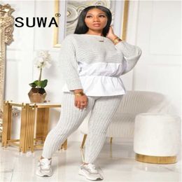 Tracksuit Women 2 Piece Set Knitted Long Sleeve Ruffles Top Tunic + Bodycon Pants Sweatpants Casual Home Wear Wholesale 210525