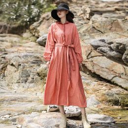 Johnature Corduroy Belt Dresses For Women Spring Solid Color Robes Turn-down Collar Long Sleeve Women Casual Dresses 210521