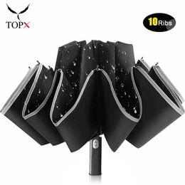 Windproof Automatic Inverted 10 Ribs 3Fold Portable Large Reverse with Reflective Stripe Umbrella Male Parasol 210320