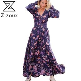 Women Dress Printed Bohemia Sexy Long Print Floral Maxi es V Neck Sleeve Large Hem Plus Size es 210524