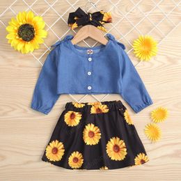 kids Clothing Sets girls Floral outfits children Denim Tops+sunflower print skirts+Headband 3pcs/set summer Spring Autumn baby Clothes