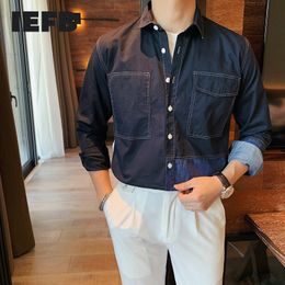 IEFB Spring Men's Korean Casual Long Sleeve Shirt Colour Contrast Patchwork 3XL Big Size Top Trend Denim Fabric Shirts 210524