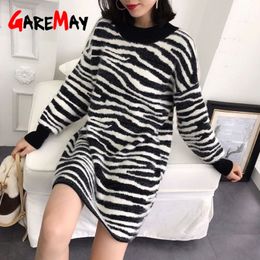 Zebra Brown Sweater Dress Female Winter Long Sleeve Loose Casual Warm Black Knitwear Sexy Ribbed Knit Autumns 210428