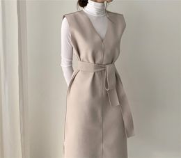 Winter Spring Women Dresses Sashes Solid Split Straight Knitting Warm Sweater Elegant Office Ladies