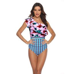 Swimwear Women One Shoulder Monokini Swimsuit Ruched Fashion Bathing Suit Solid Lace Mesh Swimsuit Beachwear 210604
