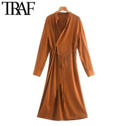 Women Chic Fashion With Tied Pleated Wrap Midi Dress Vintage Long Sleeve Back Elastic Female Dresses Mujer 210507