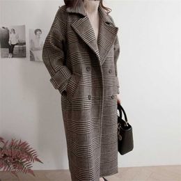 Cappotto di lana lungo oversize donna scozzese doppio petto allentato moda femminile primavera autunno capispalla giacche trench cappotti WJ110 211130