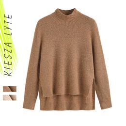Autumn women cashmere sweater korean fashion turtleneck solid brown beige thickened long sleeve slit pullover knitwear 210608