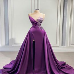 Gorgeous Mermaid Evening Dresses With Detachable Train Appliqued Lace Prom Gown Custom Made Side Split Formal Pageant Party Wear