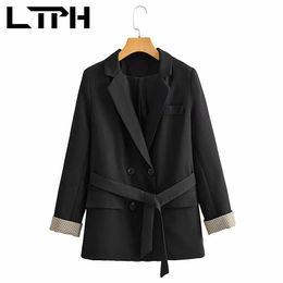 vintage black women blazer long sleeve plaid sashes loose casual Blazers Jackets mid-length Lady Suit Coat Spring 210427